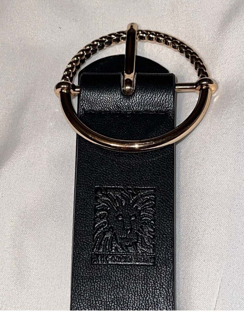 Anne Klein Black Leather Belt with Gold-Tone Textured Ring Buckle